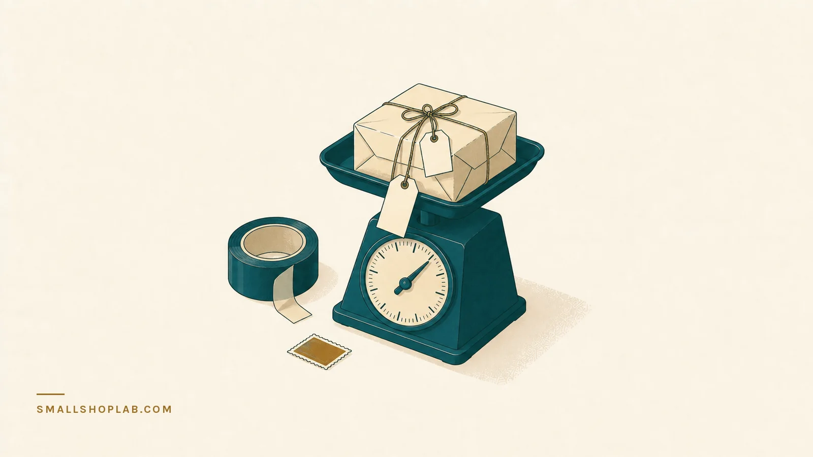 A small parcel tied with string sitting on the pan of a postal scale, two paper tags hanging from it at different heights, with a roll of tape and one brass postage stamp on the desk beside it.