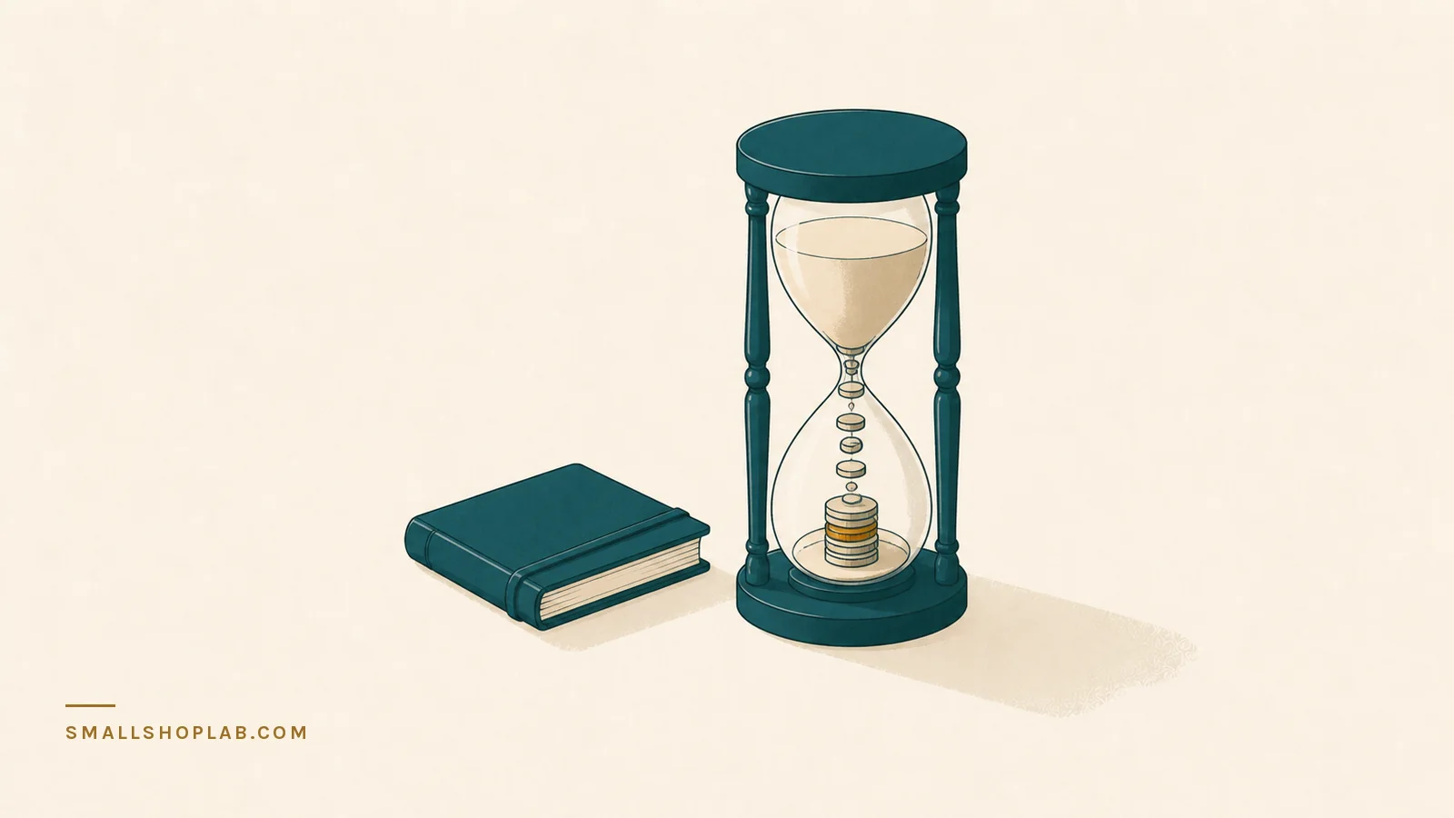 An hourglass standing beside a closed ledger, its falling sand turning into a stack of coins in the lower chamber, illustrating how to cost your own labour in a handmade business.