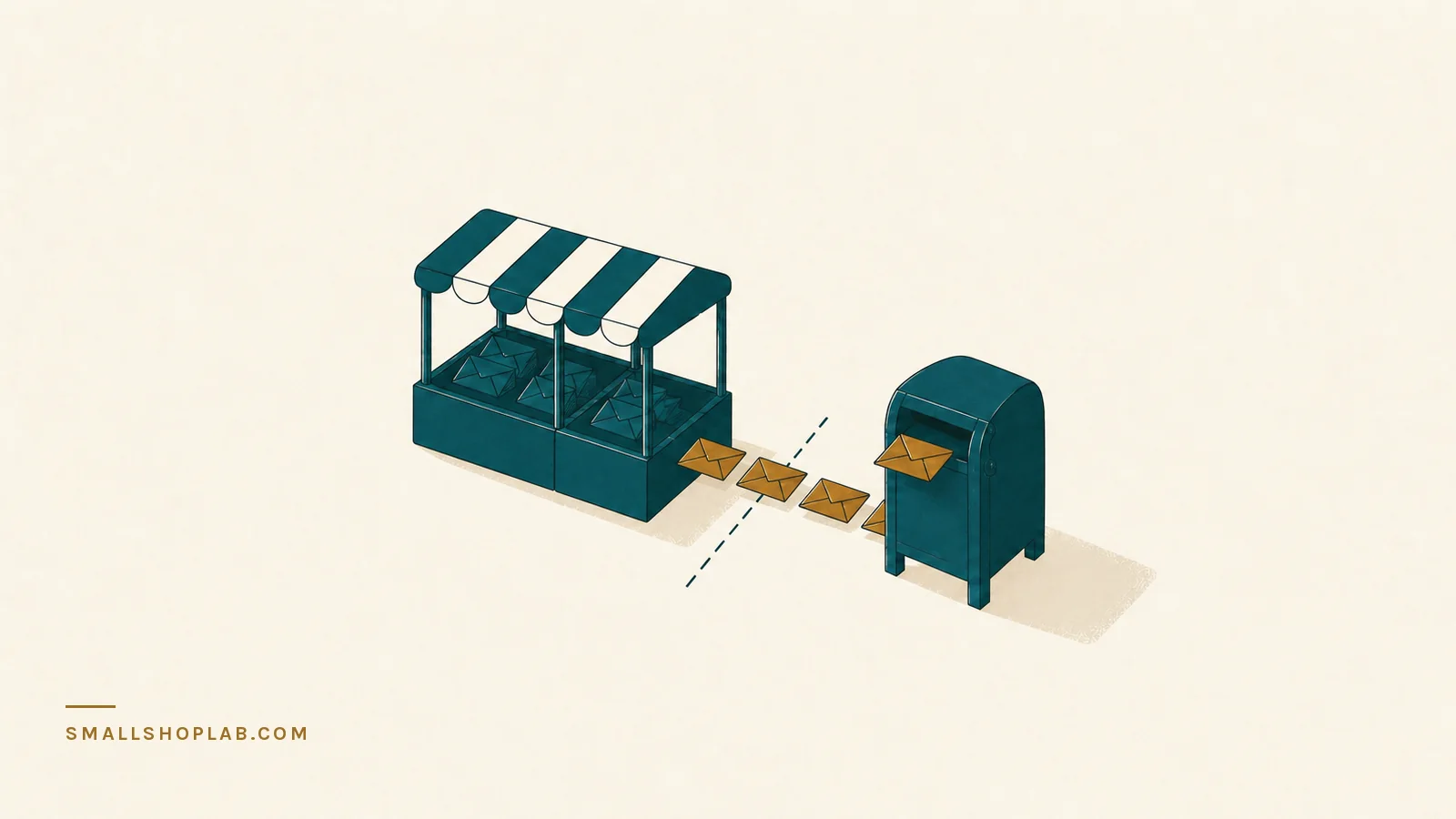 A short market arcade filled with envelopes on the left, with a line of envelopes crossing a dashed chalk line one by one into a personal letterbox on the right, illustrating moving marketplace buyers onto your own email list.