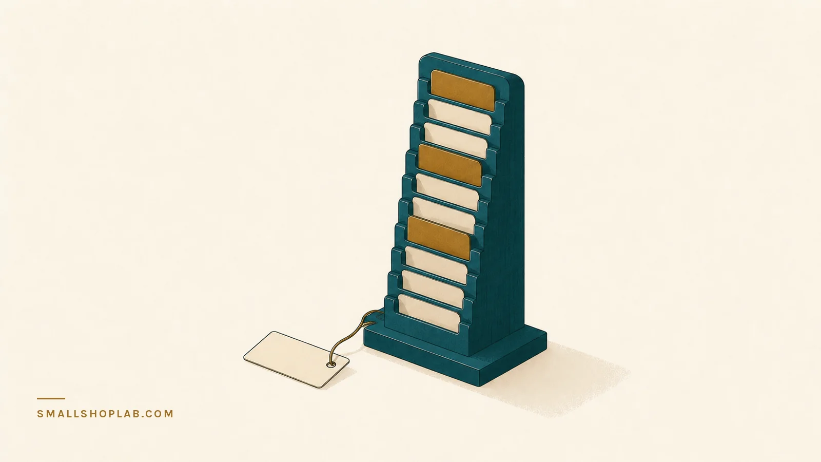 A tall card rack of ten identical slots holding three brass cards among seven pale blank ones, with a blank paper label tied to it by a thread, illustrating the Etsy attributes most sellers leave unfilled.
