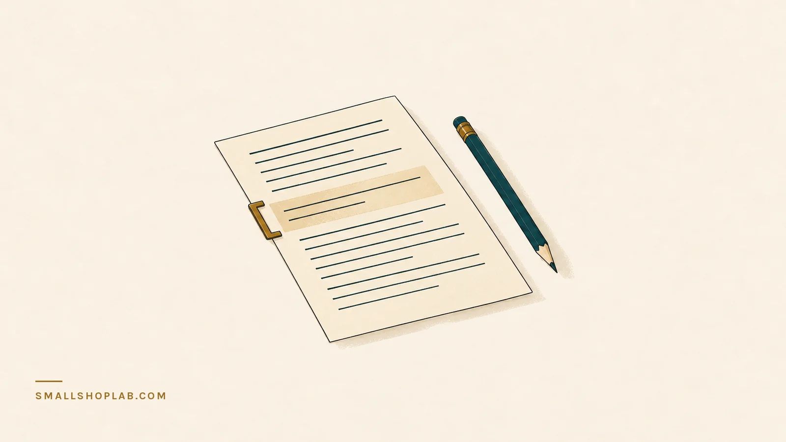 A sheet of writing paper with its lines drawn as blank bars, one band in the middle third filled soft brass and marked by a brass bracket clip, with a pencil resting alongside, showing the shape of an Etsy description that converts.