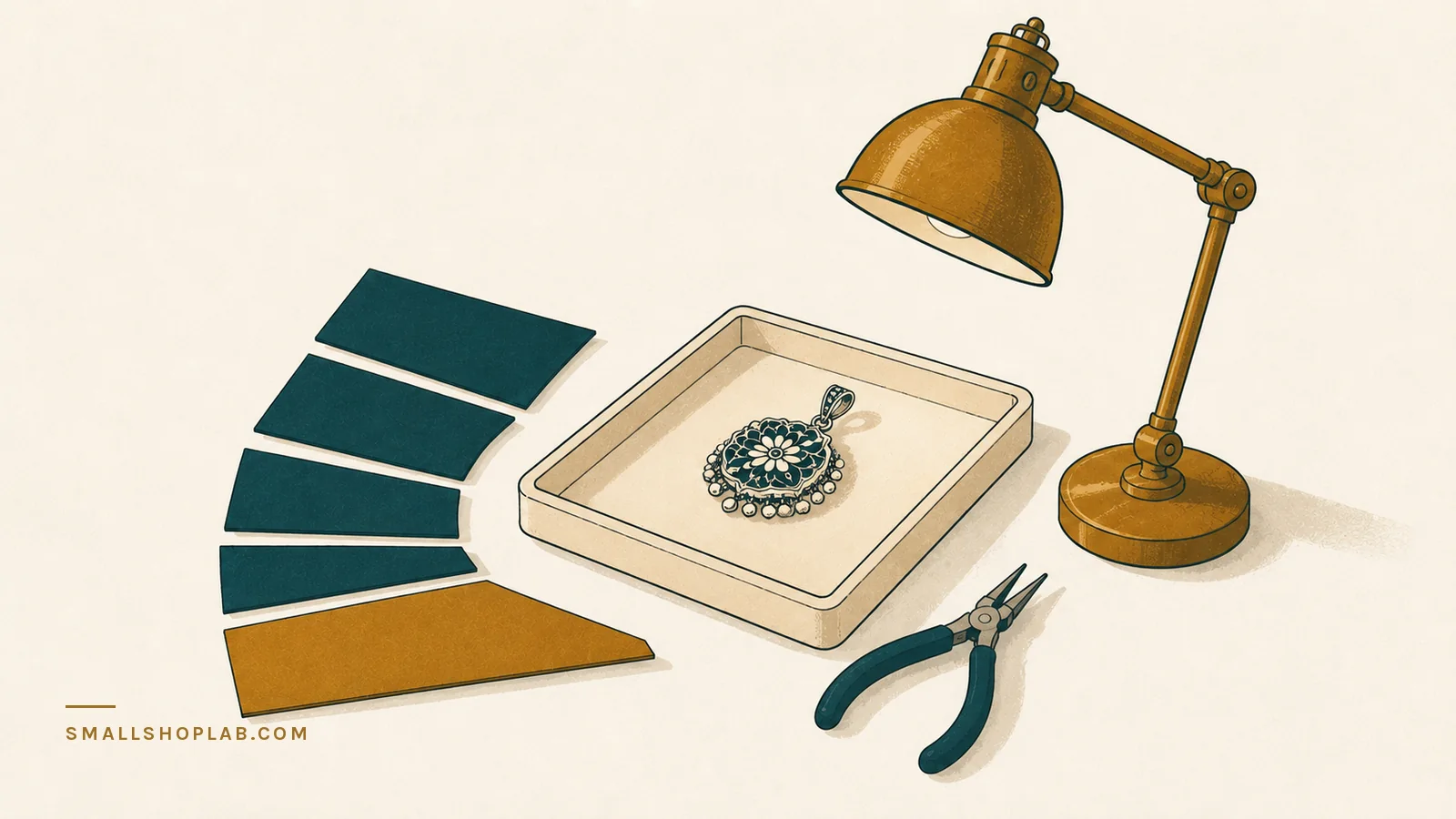 A jeweller's desk with a finished pendant on a cream tray and a paper receipt strip cut into unequal pieces beside it, the largest remaining piece set apart