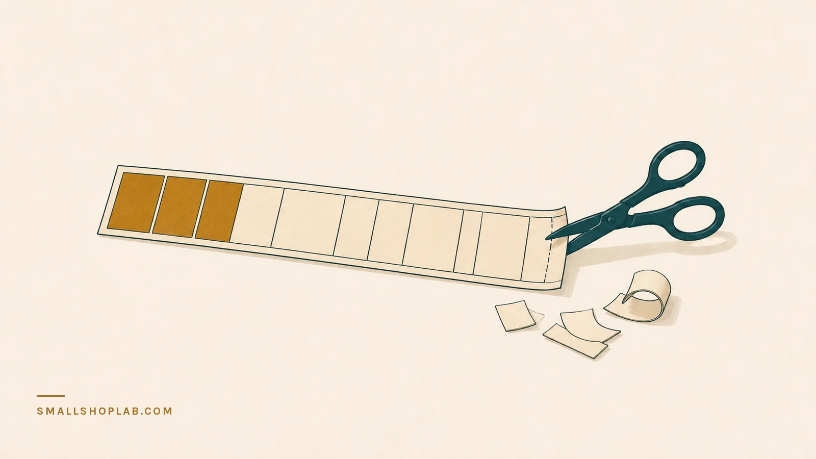 A long paper tape divided into blank blocks, its first three blocks brass, with scissors trimming the far end away and the trimmed pieces curling loose