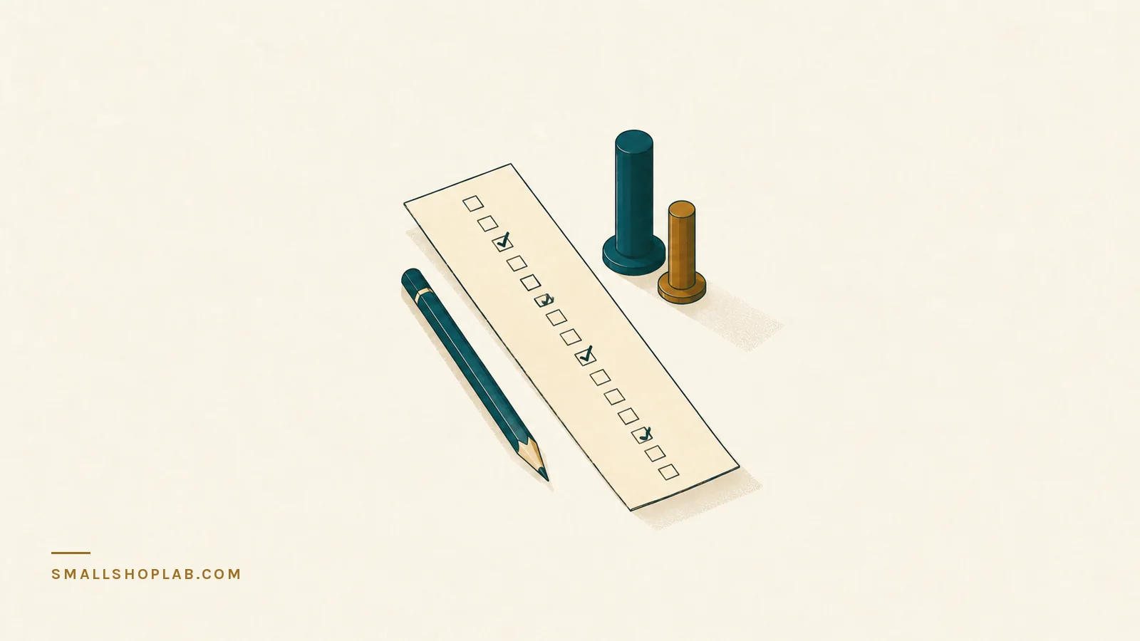 A long paper checklist with a column of small squares, a few of them ticked, a pencil beside it, and two upright posts of different heights standing next to the sheet — the two separate bars an Etsy shop is measured against.