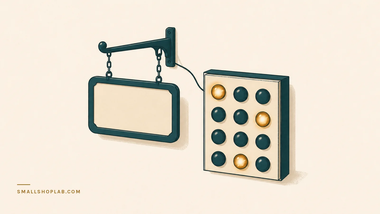 A blank hanging shop sign wired to a panel of twelve round indicator lamps, nine dark and three lit brass, scattered across the grid