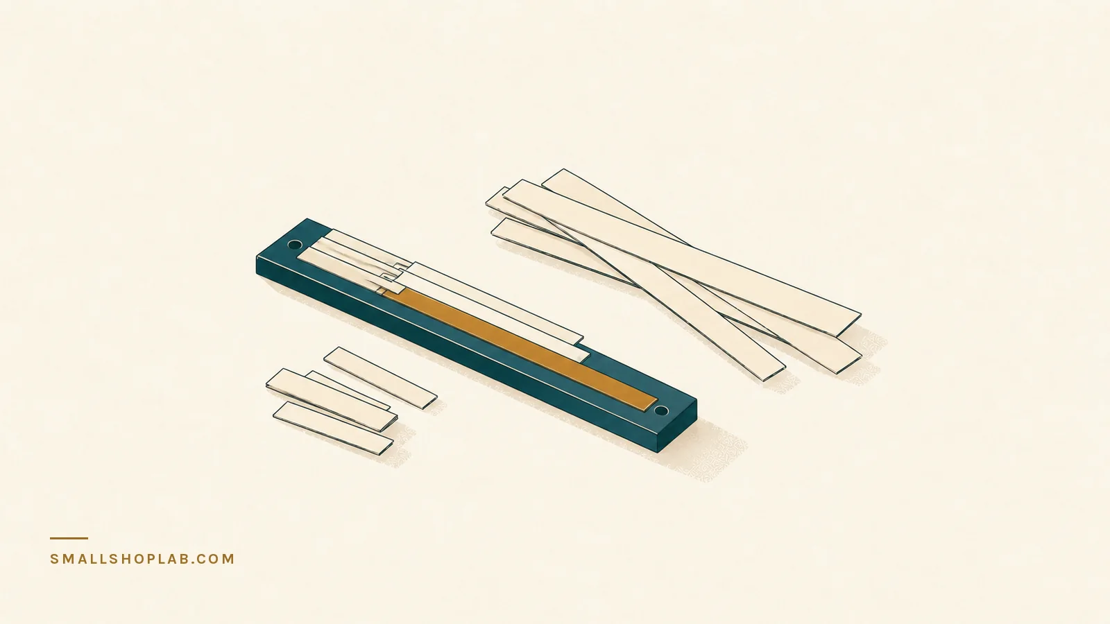A short metal measuring bar with paper strips laid against it: the short strips fit inside it, the longer ones overhang the end and have been pushed aside, the way most phrases will not fit a twenty-character Etsy tag.