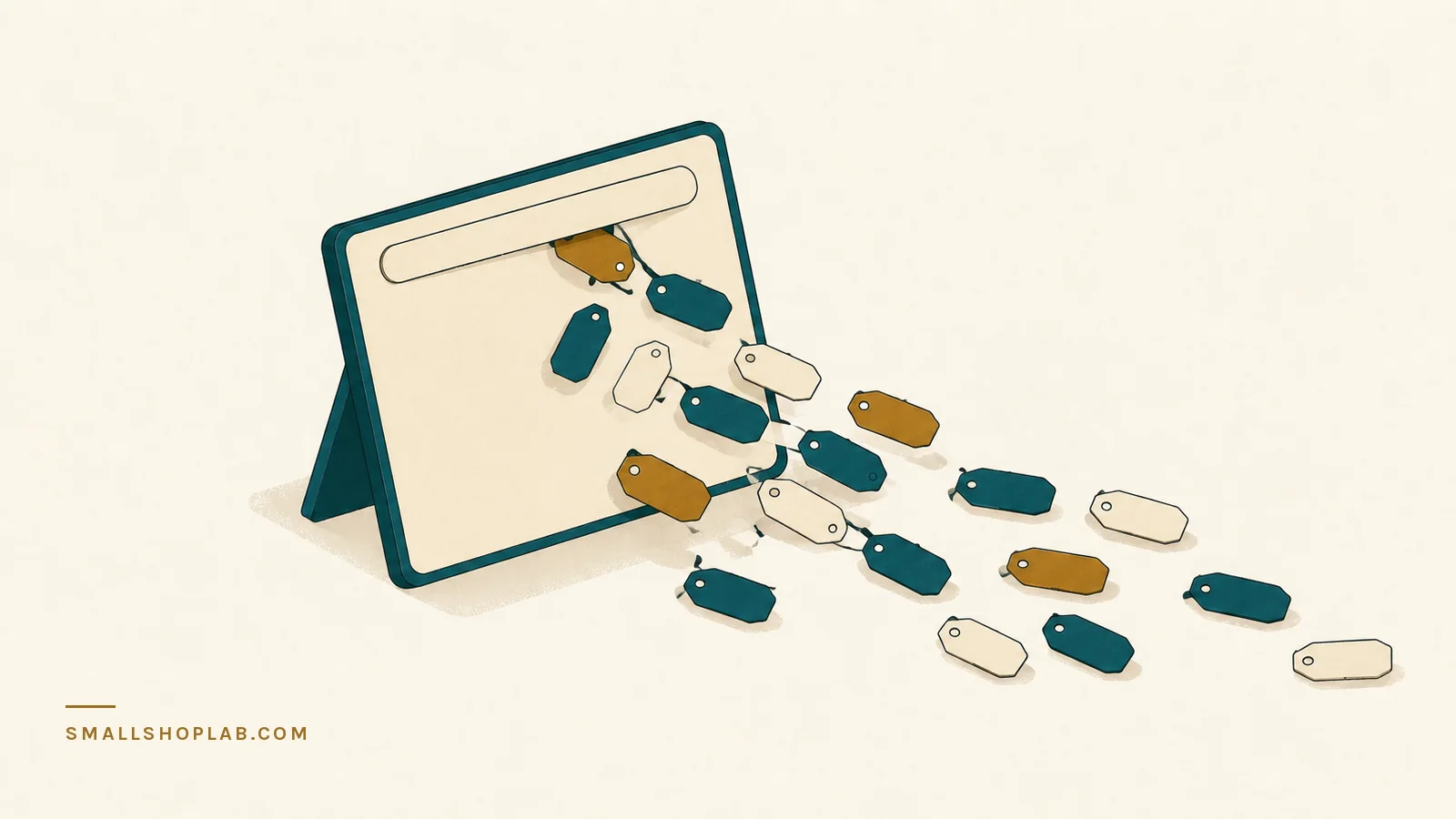 A plain rounded screen holding a single wide input bar, with a loose scatter of small blank tags spilling out of it across the desk and off the right edge, a few of them brass, illustrating a free Etsy title and tag builder.