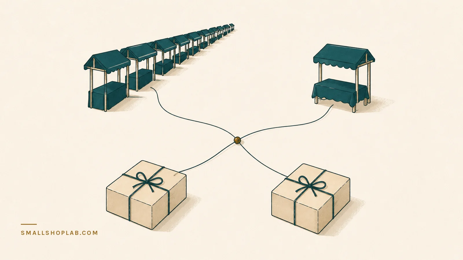 Two wrapped parcels on a desk, one threaded to a long row of identical market stalls and the other to a single market table, the two threads crossing at one brass knot