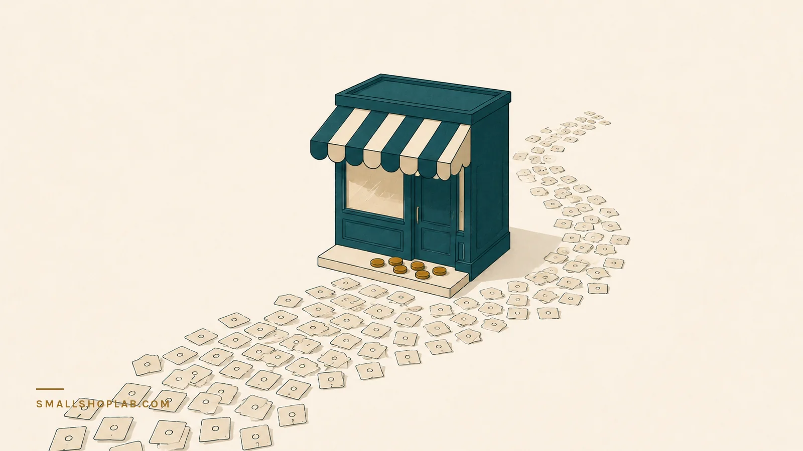 A small shopfront with a striped awning while a wide river of paper tokens sweeps past it and off the frame, only a few brass coins resting on the doorstep