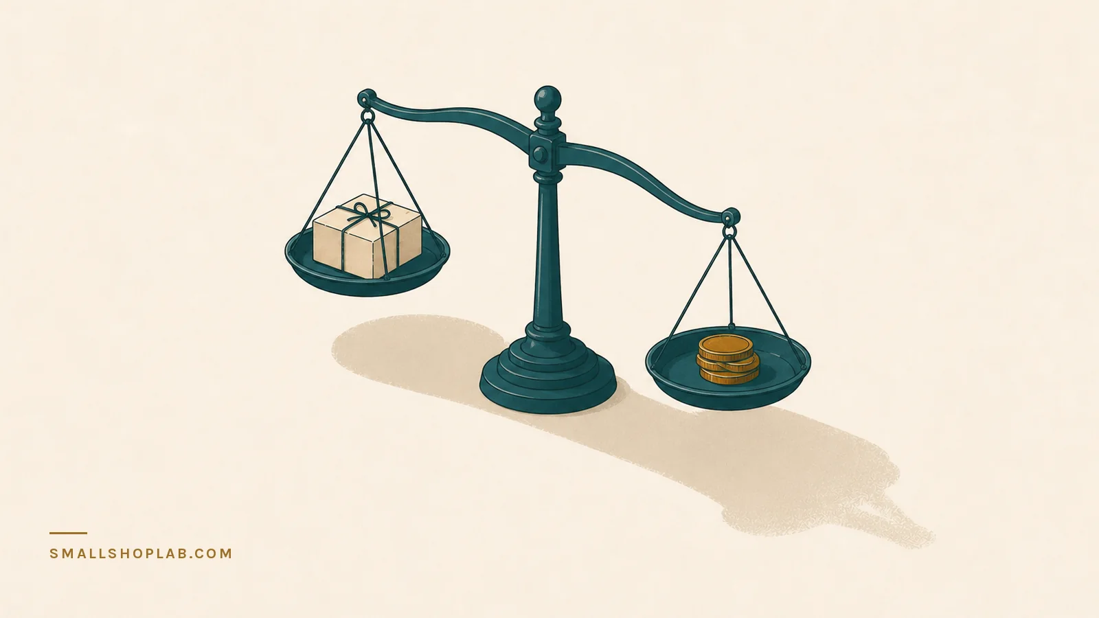 A two-pan balance with a small tied parcel on the raised pan and a stack of brass coins on the sunken one, the parcel casting a shadow several times its own size