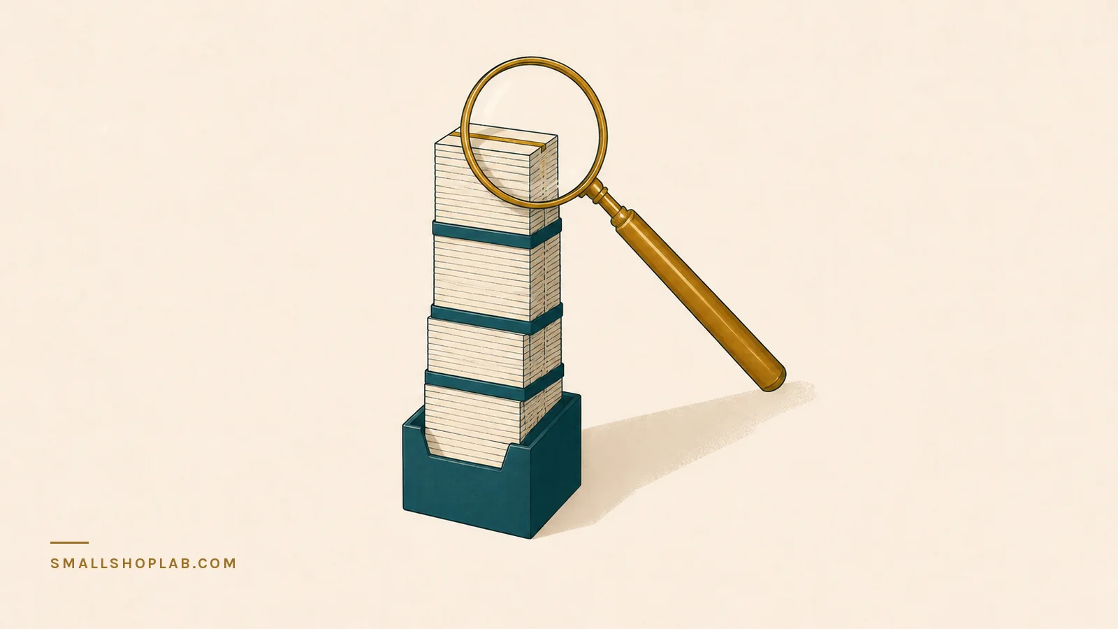 A tall stack of paper slips banded into four sections of different heights, with a brass magnifying glass held over the topmost band alone