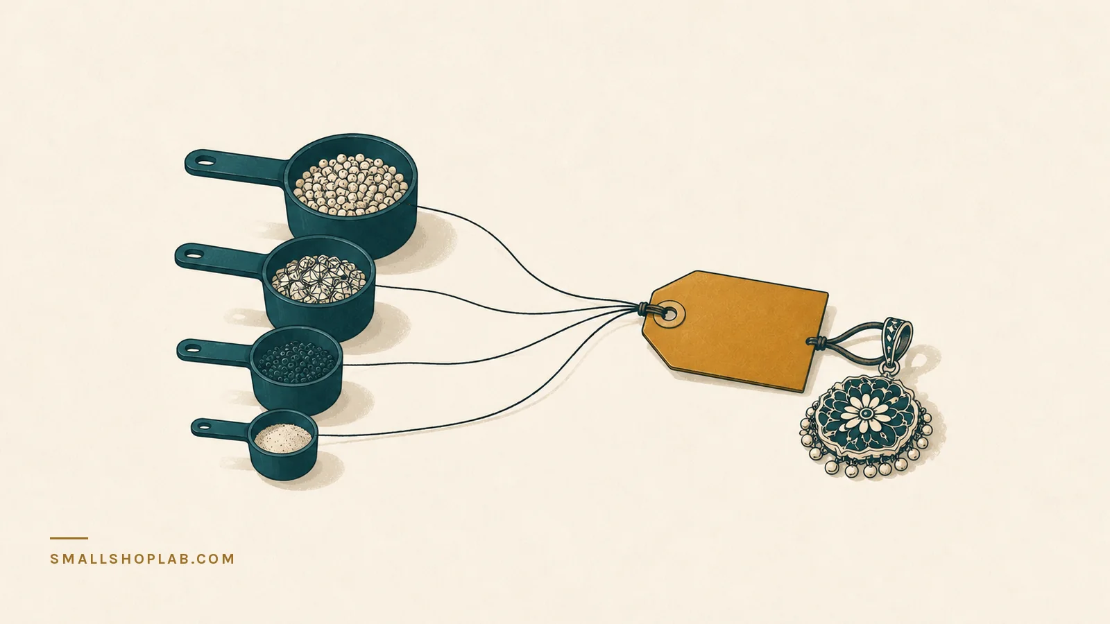 Four measuring scoops of different sizes on a desk, each joined by a thread to the loop of one blank price tag tied to a finished pendant