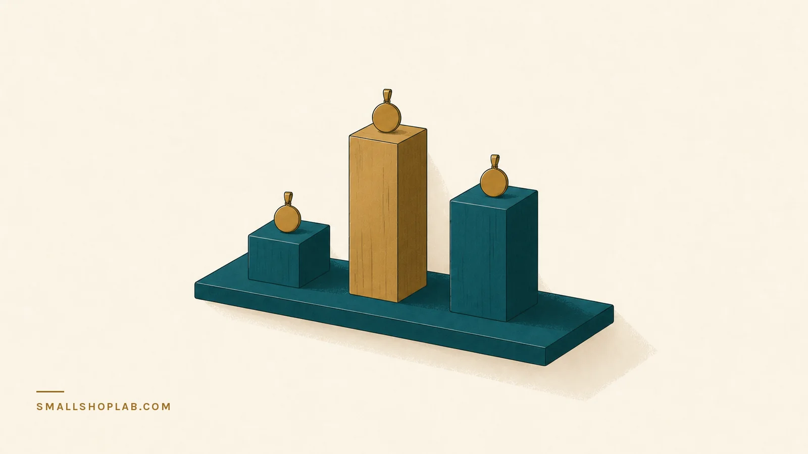 Three identical pendants resting on three pedestals of dramatically different heights on one shared shelf, the tallest pedestal in brass, showing three handmade pricing formulas applied to the same product.