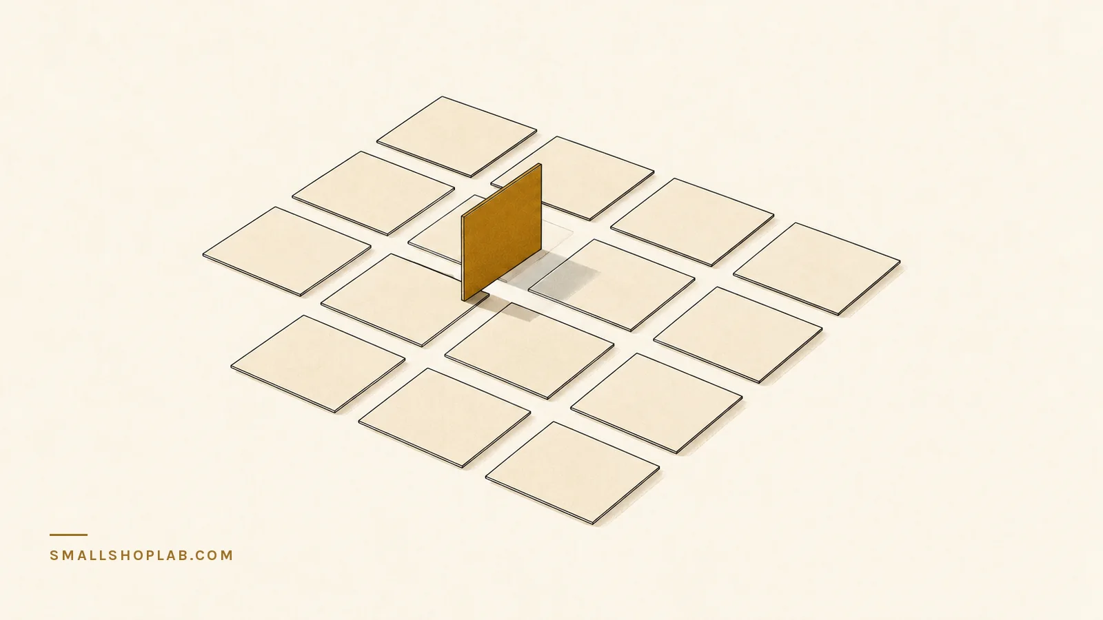 Sixteen blank product cards laid flat in an even grid with a single brass card lifted out and standing upright on its edge, showing that whether Etsy is worth it is a question to ask per listing rather than per shop.