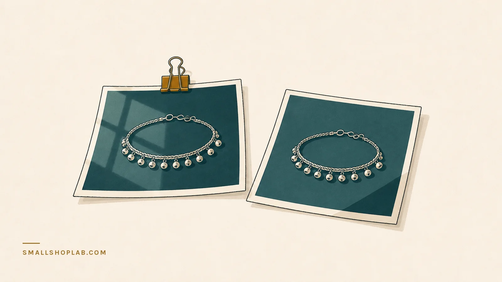 Two photo prints of the same silver anklet lying side by side, the left one lit by soft window light and clear, the right one flat and dull with a hard shadow