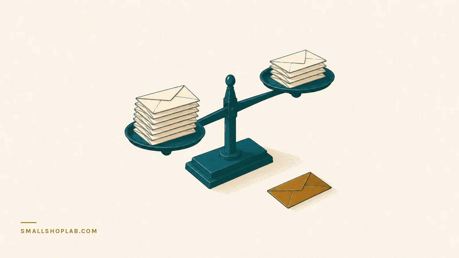 A two-pan balance holding a tall stack of envelopes on one side and a shorter stack on the other, so the beam tilts, with a single brass envelope lying apart from both on the desk.