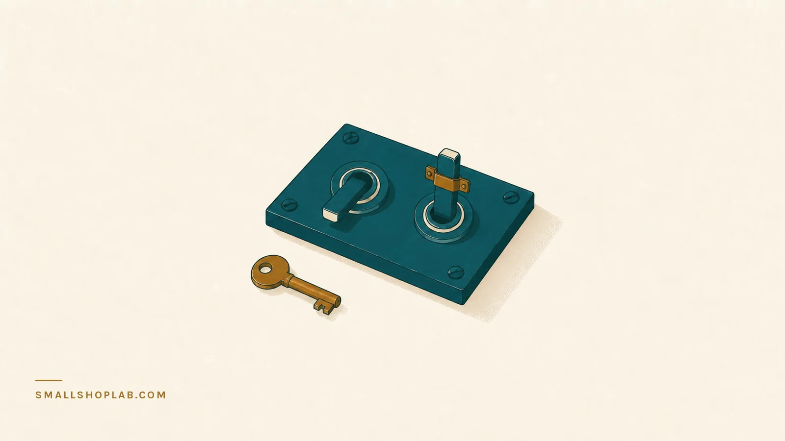 Two toggle switches on a plain plate. The left one is off with a small brass key lying loose beside it; the right one is switched on and held there by a fixed band.